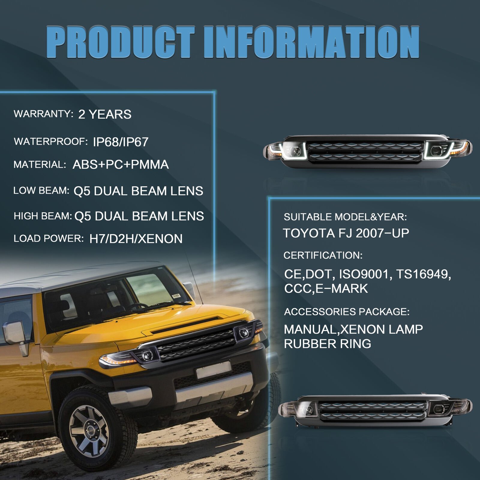 Silver VLAND Headlights For 2007 - 2015 Toyota FJ Cruiser Pair - Image 17