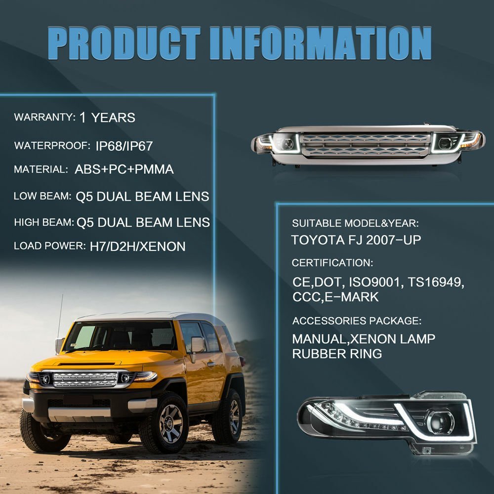 Silver VLAND Headlights For 2007 - 2015 Toyota FJ Cruiser Pair - Image 8