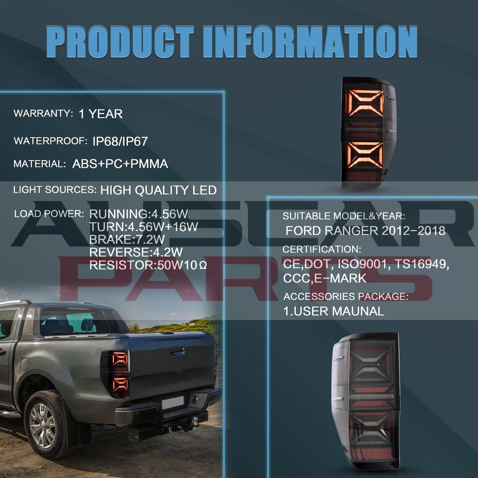 VLAND Tail Lights LED For Ford Ranger PX MKII Base XL 2012-2018 With Sequential - Image 7